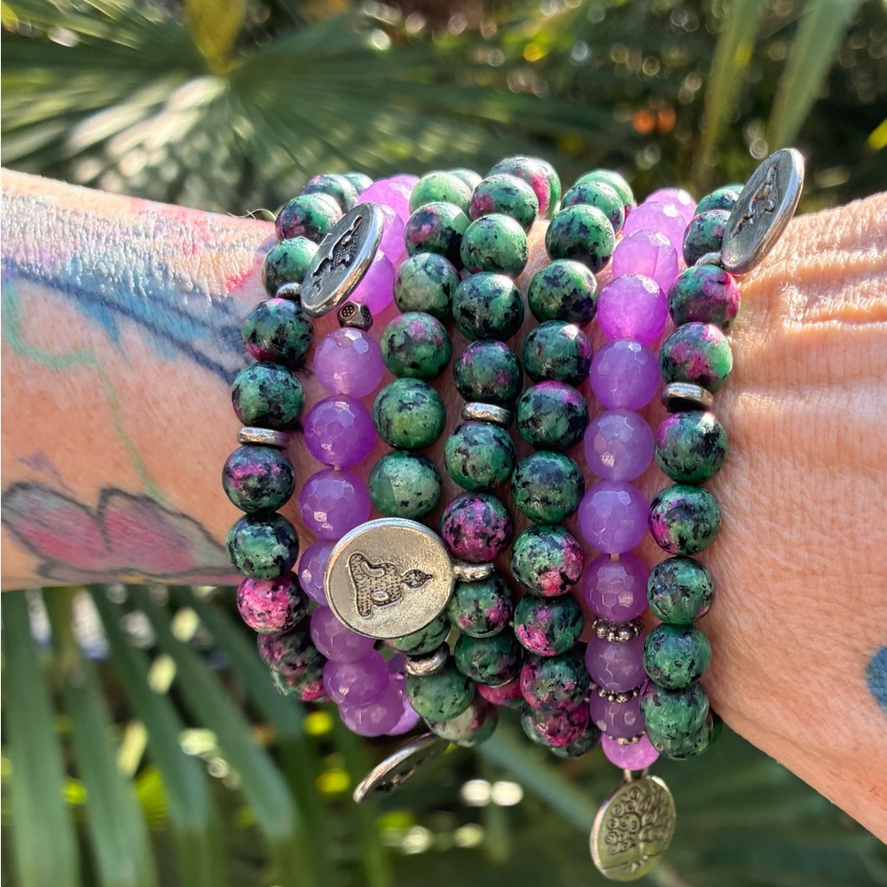 Ruby Zoisite & Lavender Jade Bracelet Stack Set | Boho Spiritual Yoga Jewelry